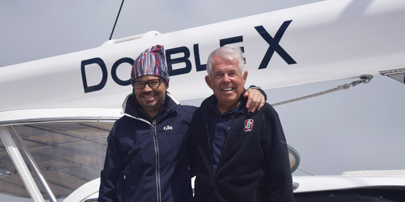 Rod and me aboard the Double X on launch day. We’re a father-and-son team ready to join the crew and take on the Pacific Ocean crossing. Sausalito, Calif., July 16, 2016. Photo: L. Williams.