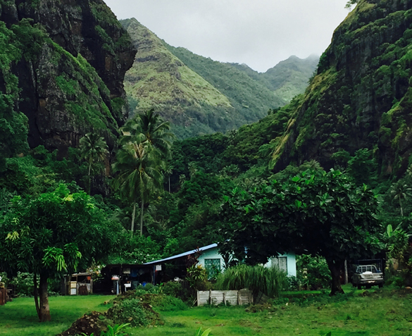 A Marquesan home tucked among the craggy rocky formations and vibrant foliage. Fatu Hiva, Marquesas Islands. August 2016. Photo: F. Rehnborg