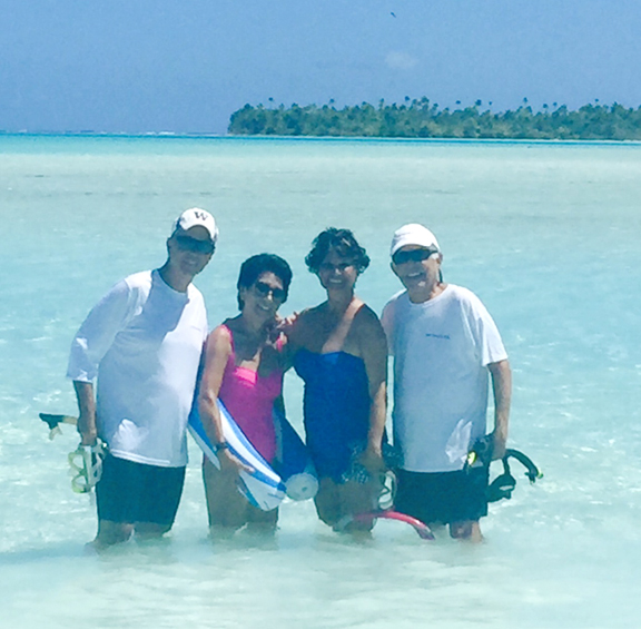 John, Elise, Francesca and I pose for a photo while snorkeling in the lagoon on Rangiroa in the Tuamotos. The water was calm here, but during our sail from Rangiroa to Ahe, the conditions were so tough that no one on board was able to take any photos. September 2016. Photo: F. Rehnborg