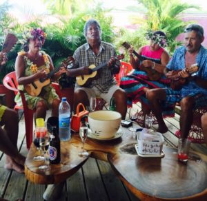 With ukuleles in hand, friends gather for a traditional birthday Tahitian celebration for Frendoo. There were at least 10 musicians and they played for 10 hours. It was a day we will always remember. Raiatea, French Polynesia. October 2016. Photo: F. Rehnborg.