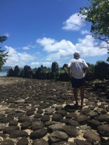 Standing at the ancient Marae Taputapuatea site in Raiatea. In 1995, a fleet of Polynesian canoes from Hawaii, the Cook Islands, Easter Island and Tahiti gathered here for celebration and then set off for trips to other parts of French Polynesia and the U.S. October 2016. Photo: F. Rehnborg