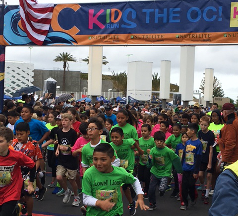Young runners eagerly start the race at Kids Run the OC. Over 10,000 children from 136 schools participated in this event. Orange County Fair & Events Center, Costa Mesa, Calif. May 6, 2017. Photo: F. Rehnborg.