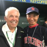 Posing with Yoshiyuki Yamazaki (#37) of the BoneTectors at the 2017 Amway Baseball Cup. Tokyo Dome, Japan, August 2017. Photo: Joel Van Kuiken