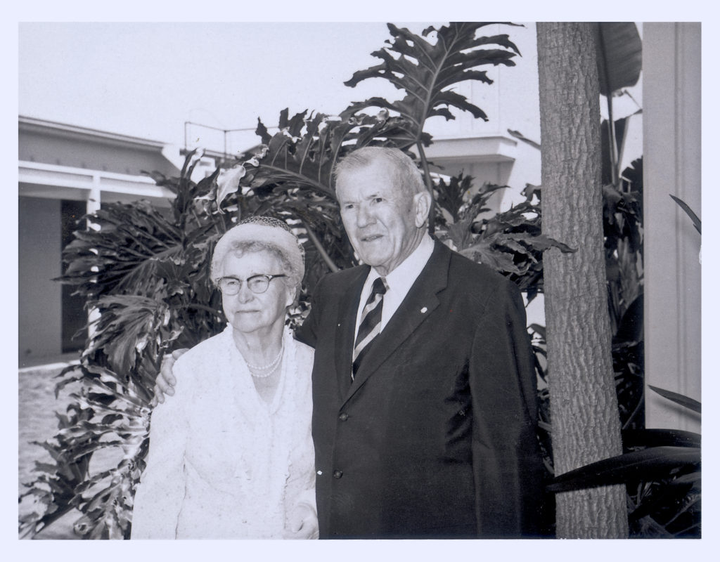 My father Carl F. Rehnborg and Alma Stewart pose for a reunion photo. Decades earlier, Alma had become the first Nutrilite brand distributor after becoming a satisfied customer. Her enthusiasm naturally shined, and she went on to be an even more successful distributor than my father. Nutrilite Headquarters, Buena Park, Calif. 1963. 