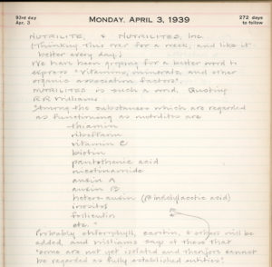 My father's journal entry for April 3, 1939. He contemplates the idea of using the name Nutrilite for his business.