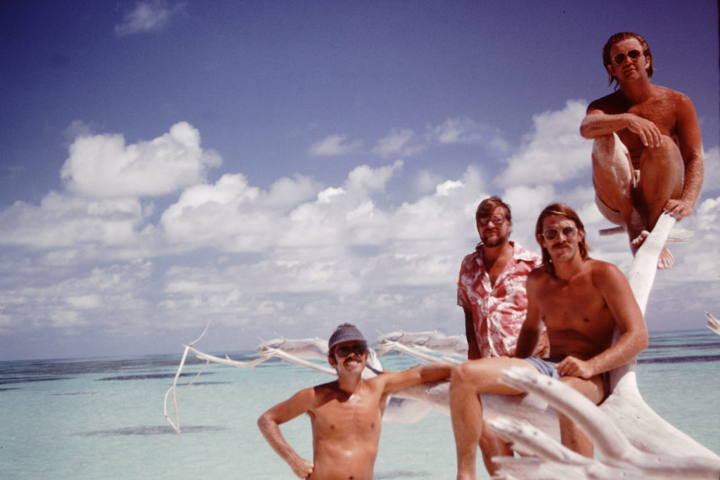 The Firebird crew (from left to right): Dr. Sam, Captain Bob, Tom Harabee and Bill Crawford (B.C.), Seychelles, March 1977.