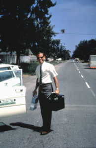 With educational materials in hand, I’m getting ready to go on the road for a training session with distributors. Circa 1965.