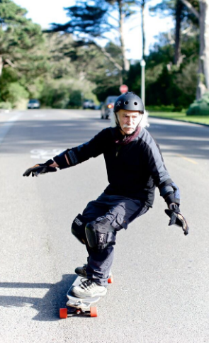 Lloyd Kahn skateboarding at age 78. It’s a hobby he took up in his 60s. Lloyd has been a dear friend since my college days and is a phenomenal example of a person living right! 2016. Source: medium.com.