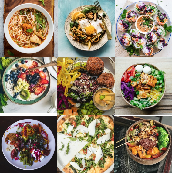Examples of flexitarian meals. A plate filled with plant-based foods is the hallmark of this type of meal. Animal-based foods, if added, are used as condiments or garnish.