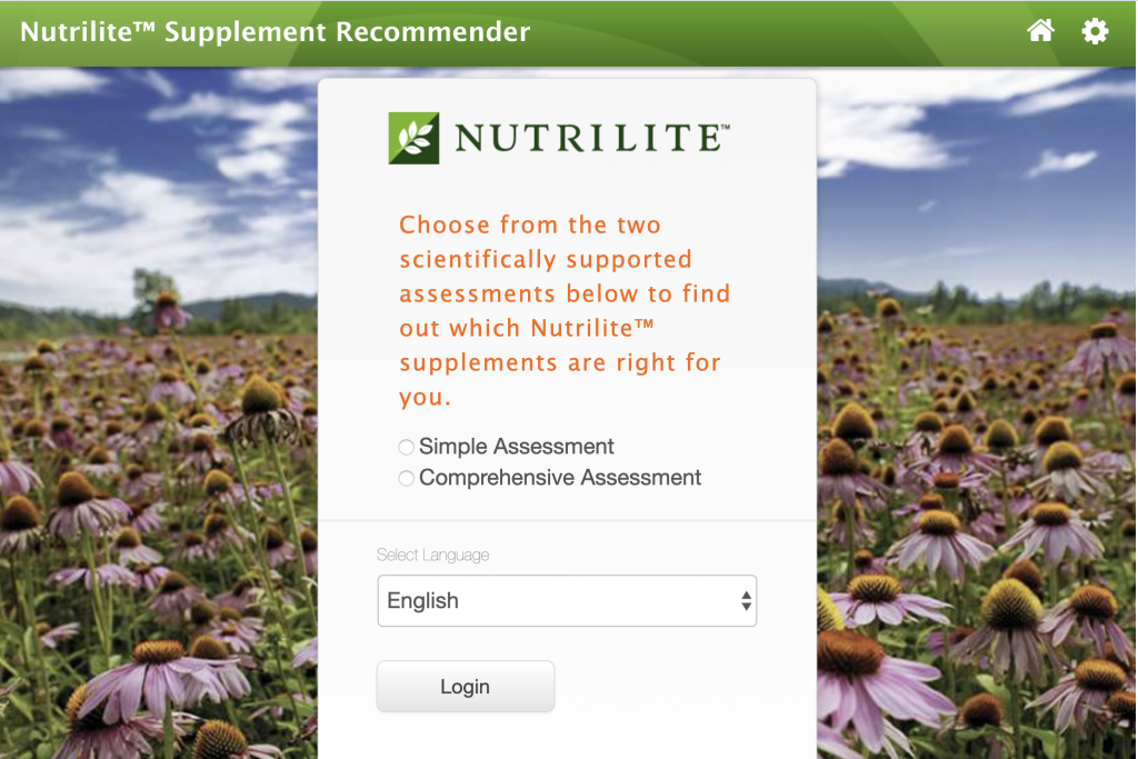 Welcome page of the Nutrilite Supplement Recommender website available at nutriliterecommender.amway.com. 