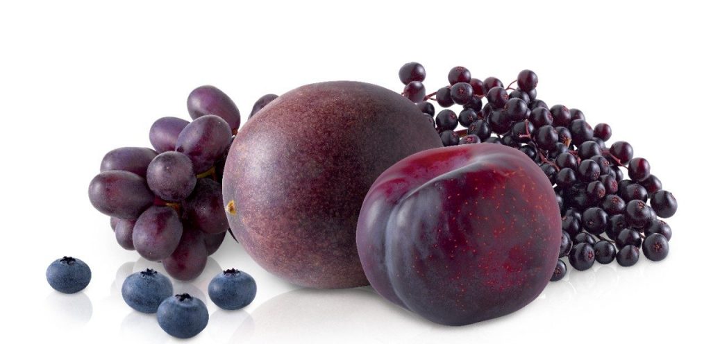 Blueberries, grapes, plums and elderberries. Some of the many purple foods that contain powerful antioxidant compounds known as anthocyanins.