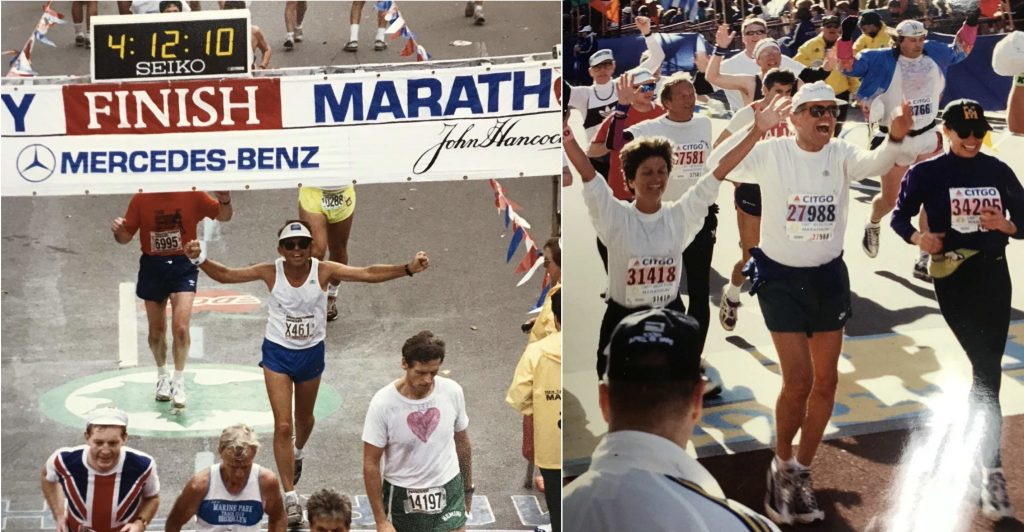 Crossing the finish line at the 1990 New York and 1996 Boston marathons. For decades, I enjoyed training for and competing in marathons, first by myself and later with Francesca. Today, some of our favorite activities include hiking, walking and playing golf.