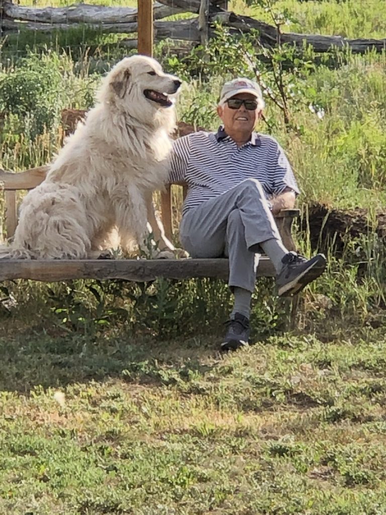 Sitting outdoors with, my daughter Koral’s dog Cosmo. Walking an active dog like Cosmo – he’s a mix of Pyrenees and Anatolian Shepard – is a great way to enjoy the outdoors. Telluride, Calif. July 2020. Photo: F. Rehnborg